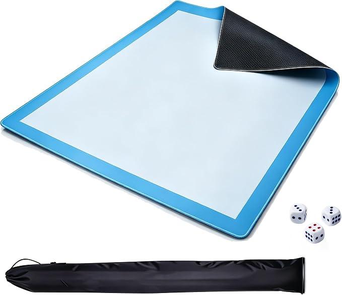 31.5in Blue Multi-Purpose Mahjong Mat, Poker Board Game & DIY Desk Pad | Plain Solid Neoprene Mahjong Mat | Waterproof, Quiet, Non-Slip for tiles, Dominoes, cards, Office Guard, With Bag & 4 Dice