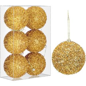 6 Pcs 4 Inch Christmas Tree Tinsel Ornaments for Tree Glitter Sequin Hanging Ornaments Christmas Tinsel Balls Decorations Shatterproof for Xmas Party Holiday Decor(Gold)