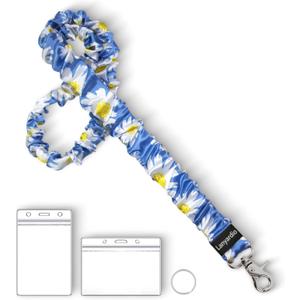 Lanyardio Stretchy Scrunchie Lanyard for ID Badges Keys, Cute Teacher Lanyard for Women with 2 Card Holders 19.8 Inch (Blue Flower)