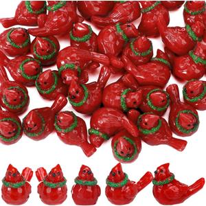 Pinkunn 100 Pcs Mini Resin Cardinal Bird Figurines Decoration Tiny Red Cardinal Bird Figurines Christmas Ornaments for Gift Xmas Miniature Garden Crafts Cake Topper Christmas Decoration