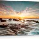 Artitude Beach Sunset Wall Art Canvas: Rocky Wave Picture Bedroom Modern Sea Ocean Landscape Painting Print Living Room Coastal Seaside Scene Photography Artwork for Home Office Decor, 36"L x 24"W