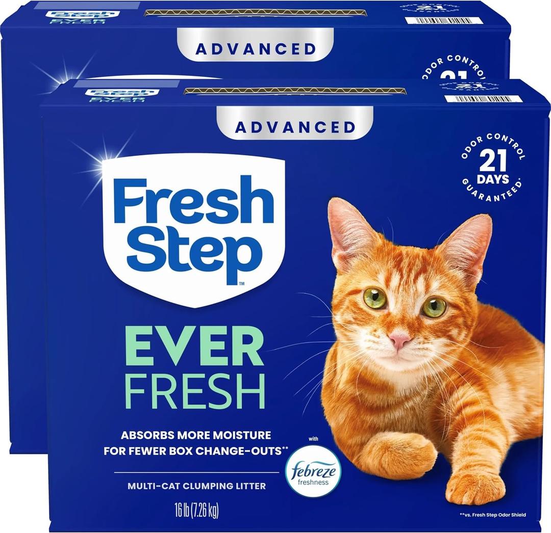 2 x Fresh Step Advanced Ever Fresh Multi Cat Clumping Cat Litter with Febreze Freshness, Low Dust, Odor Control with Ammonia Block Tech, Compatible in Automatic Litter Boxes, 32 lb. (2 x 16 lb.)