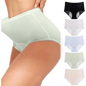 Women's Leakproof ladies Underwear High Waist Briefs 3-Layer Protective Panties Breathable Soft 5-Pack (4X-Large Plus, Black Grey Blue Green Nude)