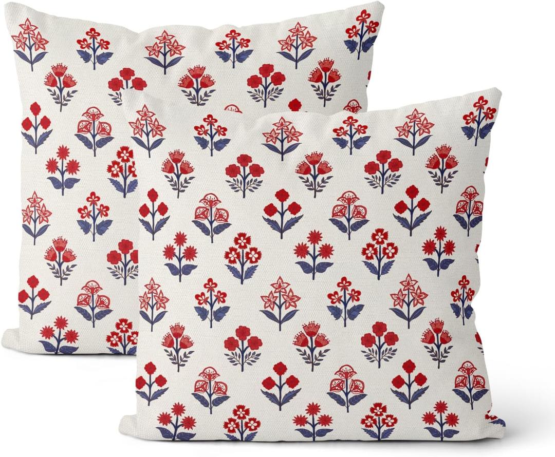 4th of July Pillow Covers 24x24 Inch 2 Pcs Red Blue Block Print Vintage Floral Patriotic Outdoor Decor Throw Pillows Memorial Day Holiday Decoration Pillowcase Linen Cushion Cover for Couch