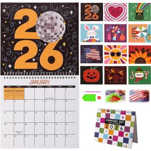 2026 Wall Calendar Diamond Painting Kit - DIY Diamond Art Calendar, 12-Month Flip Wall Calendar, for Holiday Christmas Home Office Decoration