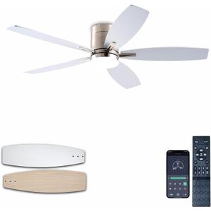 Ceiling Fans with Lights, 52" Low Profile Indoor Ceiling Fan with Light and Remote Control, Dimmable, Noiseless, Reversible, Nickel Ceiling Fan for Bedroom, Indoor/Outdoor Use