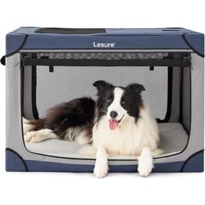 Lesure Soft Collapsible Dog Crate - 36 Inch Portable Travel Crate for Large Dogs Indoor & Outdoor, 4-Door Foldable Pet Kennel with Mesh Windows, Blue