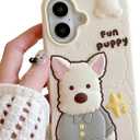 Kawaii 3D Dog Phone Case for iPhone 16 Pro Max, Cute Girly Cartoon Westie Phone Cover for Girls, Kids, Teens, and Women, White Soft Silicone