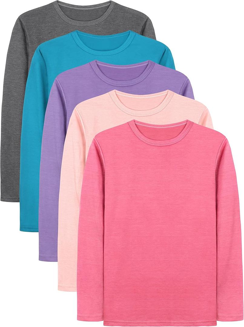 Cooraby 5 Pack Girls Long Sleeve Tees Girls' Soft T-Shirts Kids Basic Crewneck T-Shirts Top for Teen Youth Girls, 2T-14Y (13-14 Years, Gray, Hot Pink, Light Pink, Light Purple, Blue)