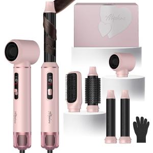 5 in 1 Hot Air Styler Brush, 1000W Hair Dryer with LCD Display, Auto Rotating Curler for Volumizing Fast Drying, Curling & Straightening Multi Styling Tools for All Hair with 3 Levels (Pink)