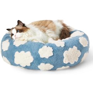 LE SURE Donut Cat Beds for Indoor Cats - Small Round Dog Bed for Calming Pets with Washable Cover, Cute Modern Puppy Beds with Jacquard Shaggy Plush & Anti Slip Bottom, 20 Inch, Blue (Cozy Clouds Blue)