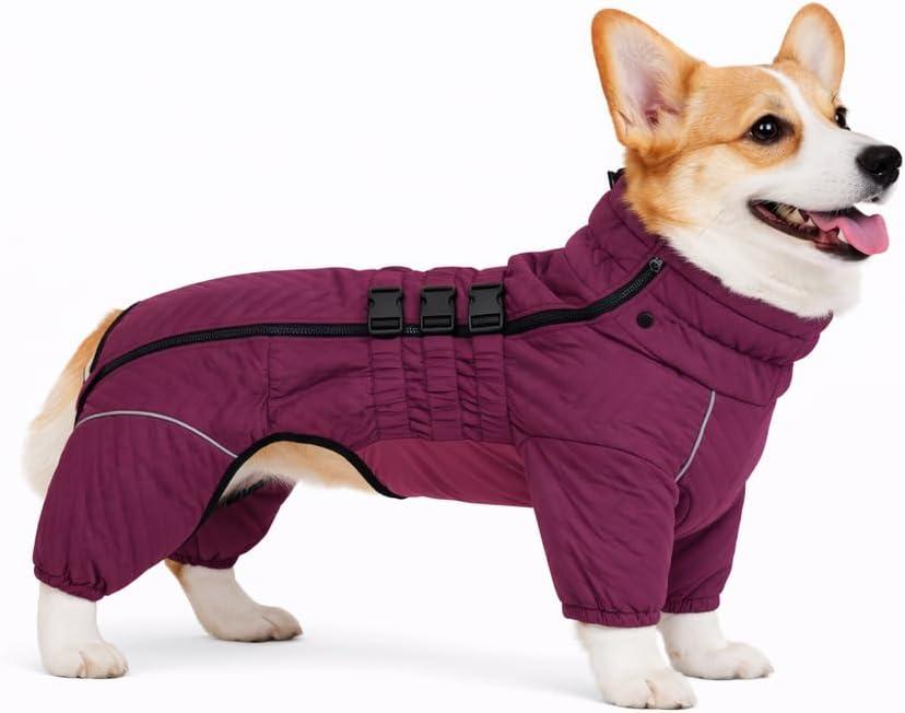 Lovelonglong Warm Dog Coat Double Layers Dog Vest, 4 Legs Covered Windproof Waterproof Reflective Warm Dog Vest Outdoor Skating Dog Costume for Corgis Dachshund Dog Purple, Size D-M