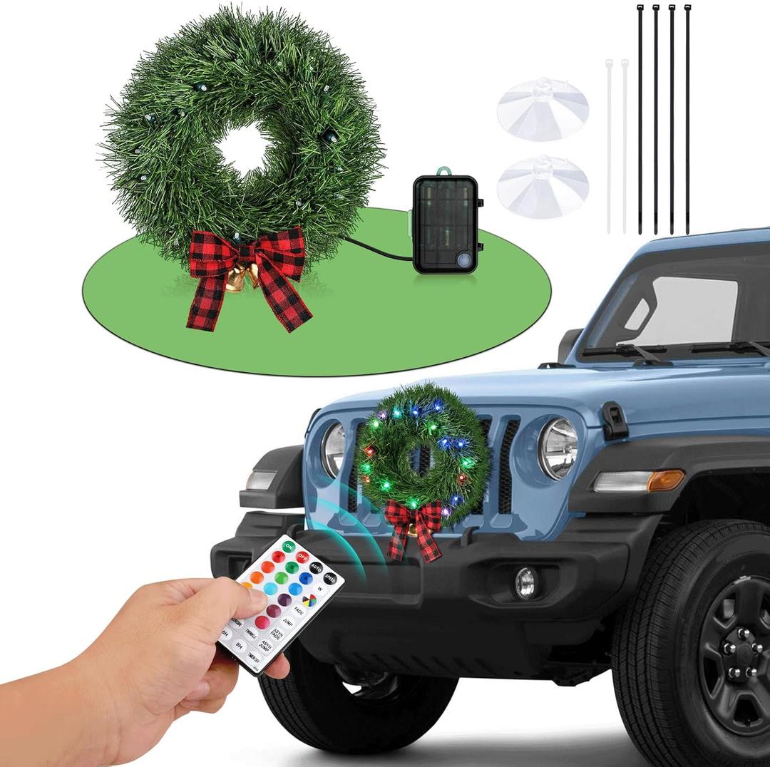 Christmas Wreath Car Decoration - LED Car Wreath with Remote Control for Christmas Truck Decorations, RGB LED Christmas Wreath for Christmas Car Decorations Exterior