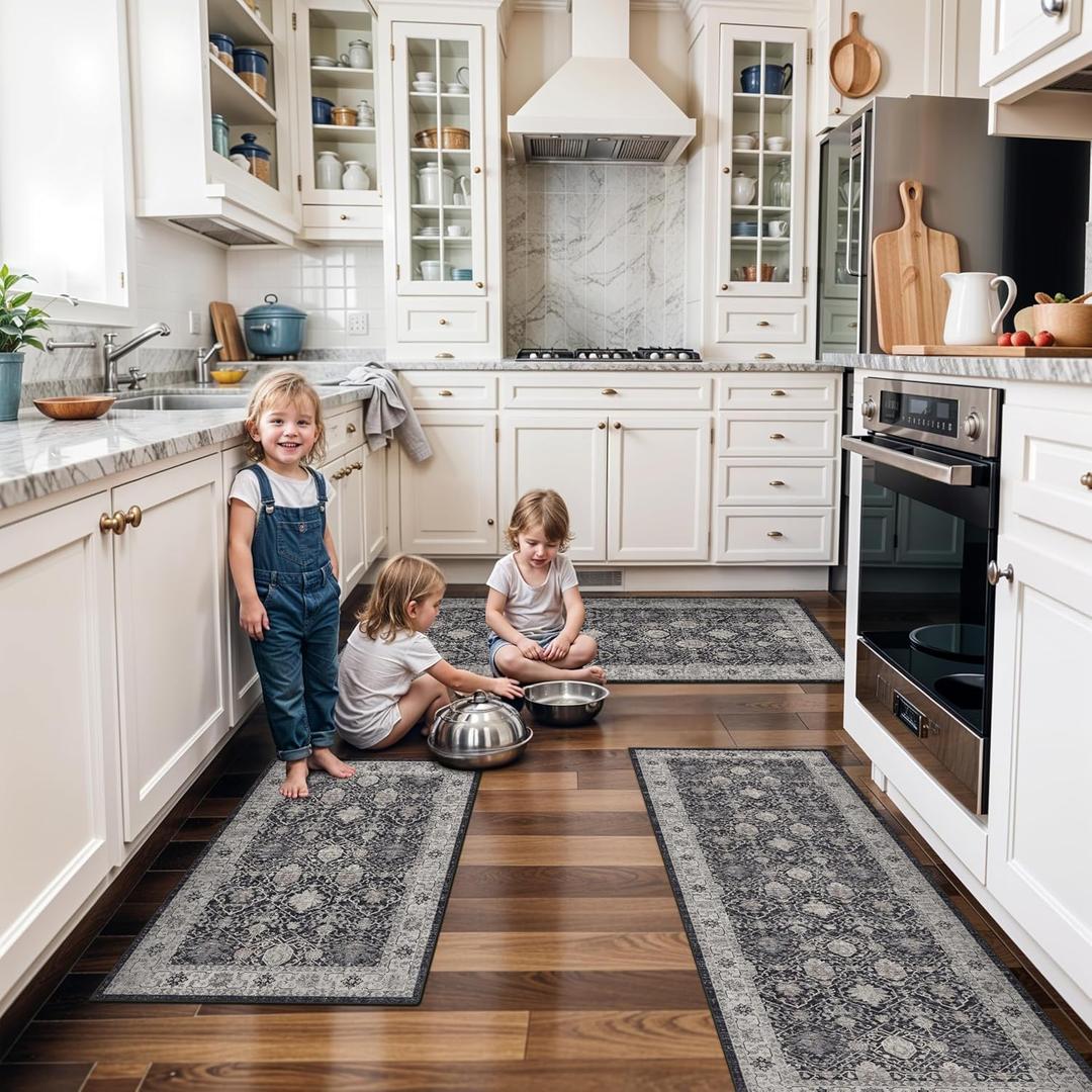 Washable 4-Piece Kitchen Floor Mats: Farmhouse Non-Slip Kitchen Sink Rug Easy Clean Water-Resistant Runners for Hallway Bathroom Soft Decorative Carpet for Pet Feeding Area(2x3+2x4+2x5+2x6,Black)