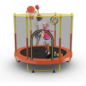 72" Trampoline for Kids with Net,6 FT Indoor & Outdoor Small Toddler Trampoline with Basketball Hoop & Dart Board for Ages 1-8, Birthday Gifts for Boys & Girls, Baby Toddler Christmas Toys (Orange)