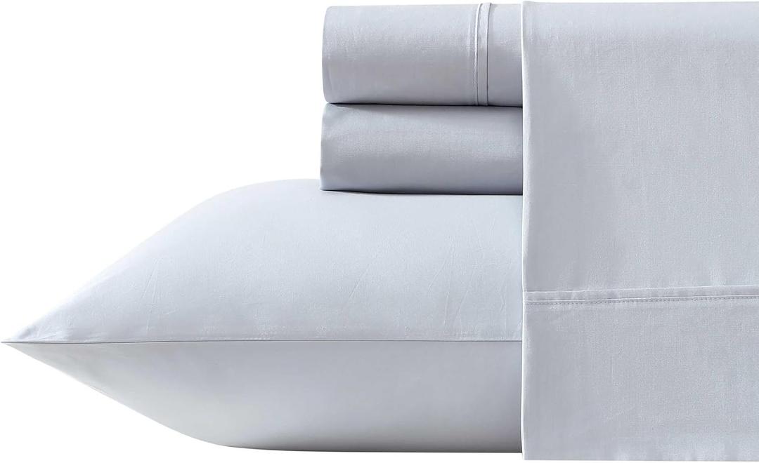 Vera Wang King Sheet Set, 100% Egyptian Cotton Percale Bed Sheets with a Smooth & Crisp Feel, Deep Pockets, Bedding with Matching Fitted Sheet & Pillowcases (Blue)