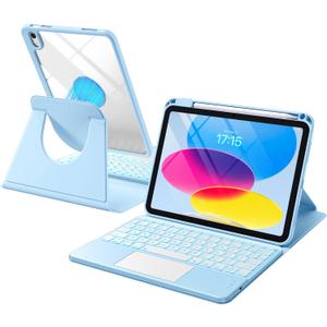 Harvopu for iPad 10th/11th Generation A16 Case with Keyboard, 360 Rotation Detachable Cover with Pencil Holder, Multi-Touch Trackpad, 7 Colors Backlit Keyboard for iPad (A16)/10th Gen (Sky Blue)