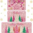 3 Pcs Christmas Kitchen Rug and Mat Set Washable Pink Xmas Tree Kitchen Floor Mats Waterproof Non Slip Farmhouse Merry Christmas Doormat Holiday Xmas Decor for Home Office Bathroom Party Decor