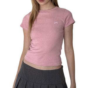 Women Y2K Crop Tops Short Sleeve Ribbed Knit Shirts Cute Bow Embroidery Tee Shirts Teen Girls Slim Fitted Baby Tees (Large, Pink)