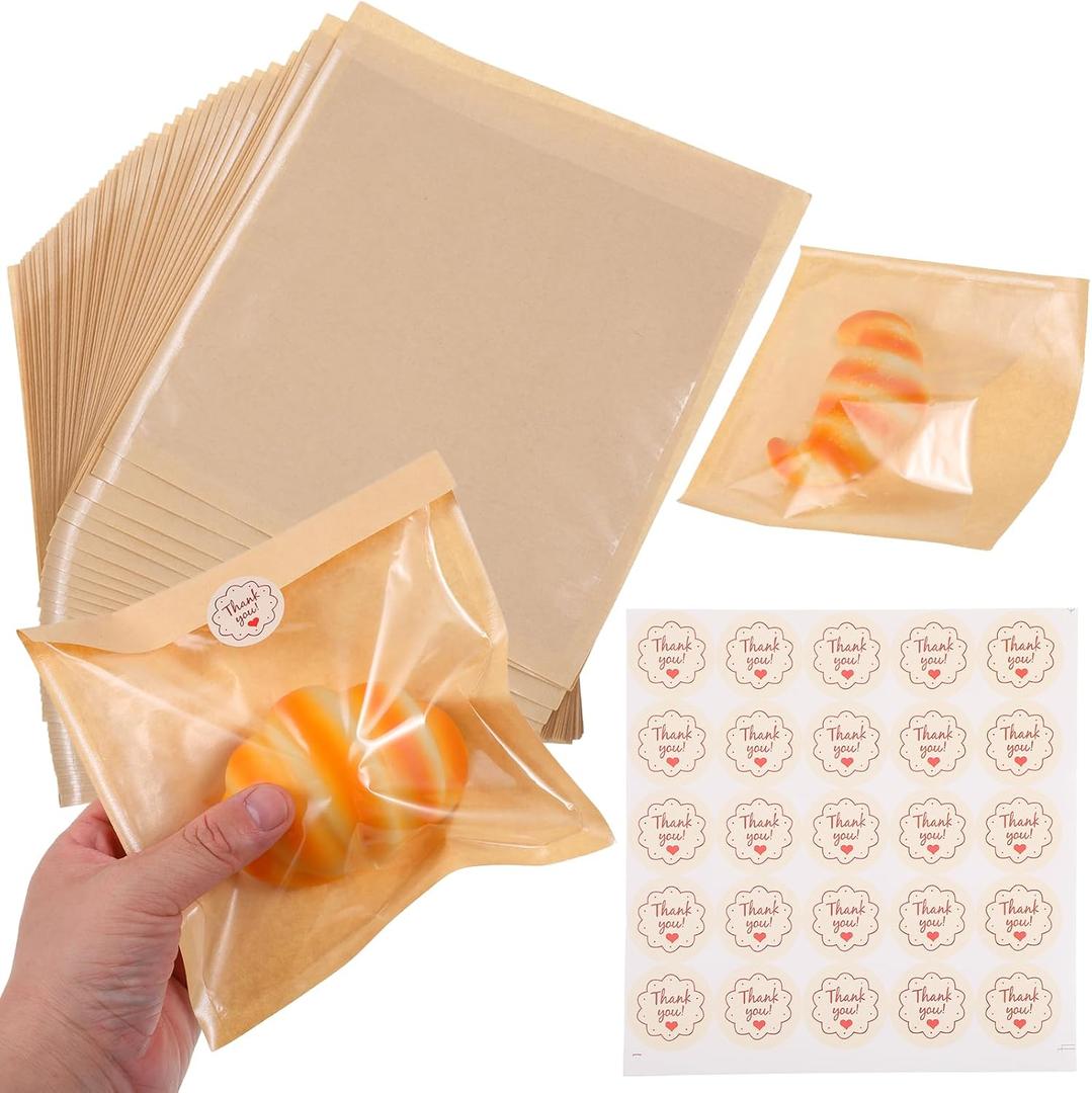 SHENLIU 400 Pack Heat-Sealable Bakery Bags with Window, 7.5 x 7.1 Inches Paper Grease Resistant To Go Cookie Bags with 16 sheets (400pcs) Thank you stickers for Packaging Donut Pastries Bagel