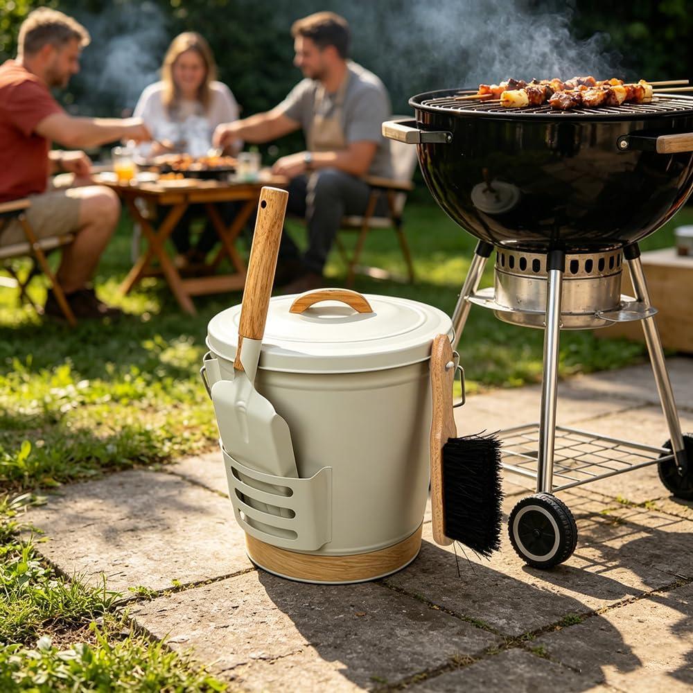 Ash Bucket with Lid and Shovel, Hand Broom and Stick, 5.2 Gallon Large Metal Ash Bucket for Fireplace Tools Set, Fire Pits, Wood Burning Stoves, Indoor and Outdoor, Camping, Grill, Cream White
