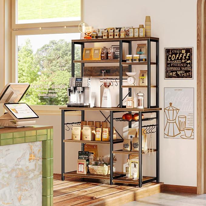 SUPERJARE Large Bakers Rack with Power Outlets, 39.6 Inches Microwave Stand Coffee Bar with 6-Tier Storage, 12 S-Shaped Hooks, Kitchen Shelf with Wire Basket, Rustic Brown, Size: 39.4inch