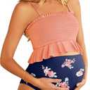 Summer Mae Maternity High Waist Swimsuit Ruffle Hem Bikini Bathing Suit Shirred Bandeau Two Piece Pregnancy Swimwear (Small, Orange Flower)