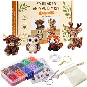 YADUO Tiny 3D Beaded Animal DIY Kit, Easy DIY Beading Embroidery Kit with 4 Cute Designs, Cute Bird & Animal Beading Craft Set, Handmade Bead Art Mosaic Kit for Adults,Beginners (Woodland Friends)