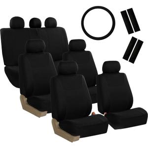 FH Group Light & Breezy Flat Cloth Cars Seat Covers Combo Steering Wheel Cover & Seat Belt Pads, Airbag and Split Rear Universal Fit Interior Accessories Cars Trucks SUV 7 Seater Three Row Set Black