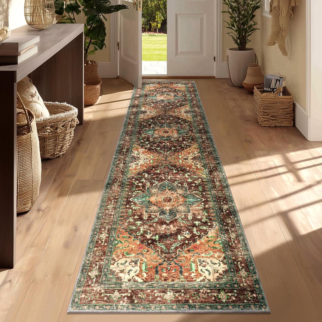 Yamaziot Washable Runner Rug, 2x8 Non-Slip Boho Vintage Hallway Rug Runner with Rubber Backing, Stain Resistant & Low Pile Faux Wool Distressed Carpet Runner for Bedroom, Kitchen, Laundry, Entrance (Rust/Dull Teal)