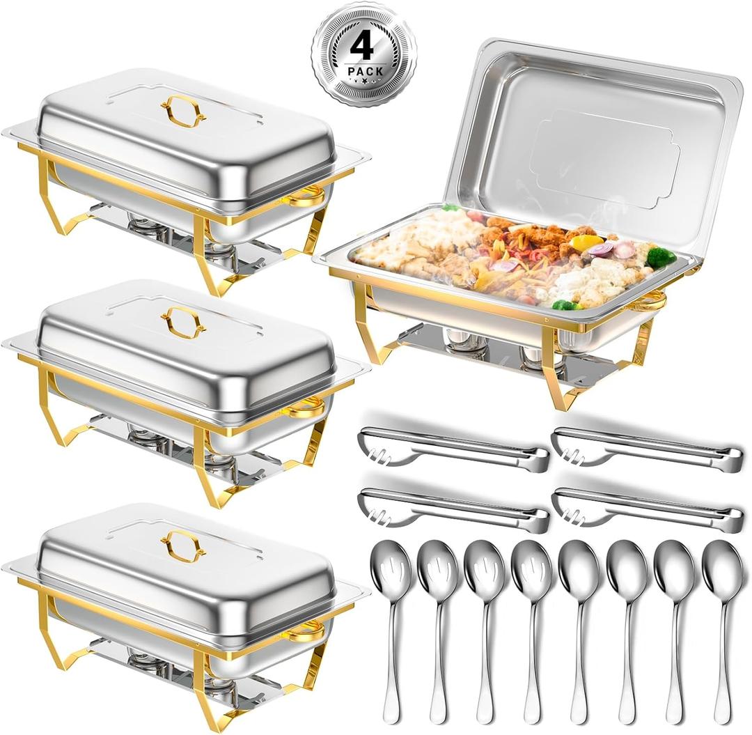Chafing Dishes, 8 Qt High Grade Buffet Set, Full Size Pan, Rolled-Edge Design Food Warmers for Parties, Wedding, Birthday, Camping 4 Pack (Half Gold)