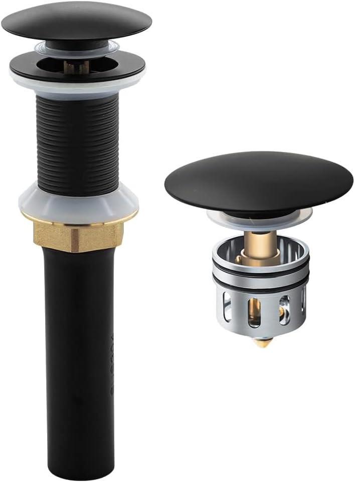 Bathroom Sink Drain Without Overflow - 1 1/2" Drain Opening - Pop Up Drain for Vessel Sink with Anti-Clogging Hair Catcher Basket, Matte Black, Y1383W-BLK