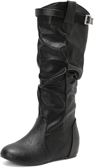 Women's Slouchy Knee High Boots Pull On Flat Boots with Side Zipper Fall Winter Western Cowgirl Booties for Women Soft Faux Leather Round Toe Low Heels Combat Mid Calf Tall Dress Boots Size 8