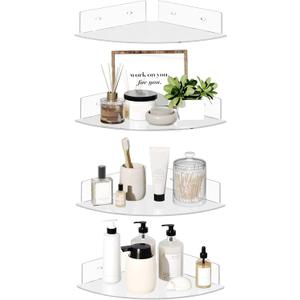 upsimples 4 Pack Acrylic Corner Floating Shelves, 10 in Clear Hanging Shelves with Cable Management Design, Wall Mounted Corner Storage Organizer for Bathroom, Bedroom, Living Room, Kitchen