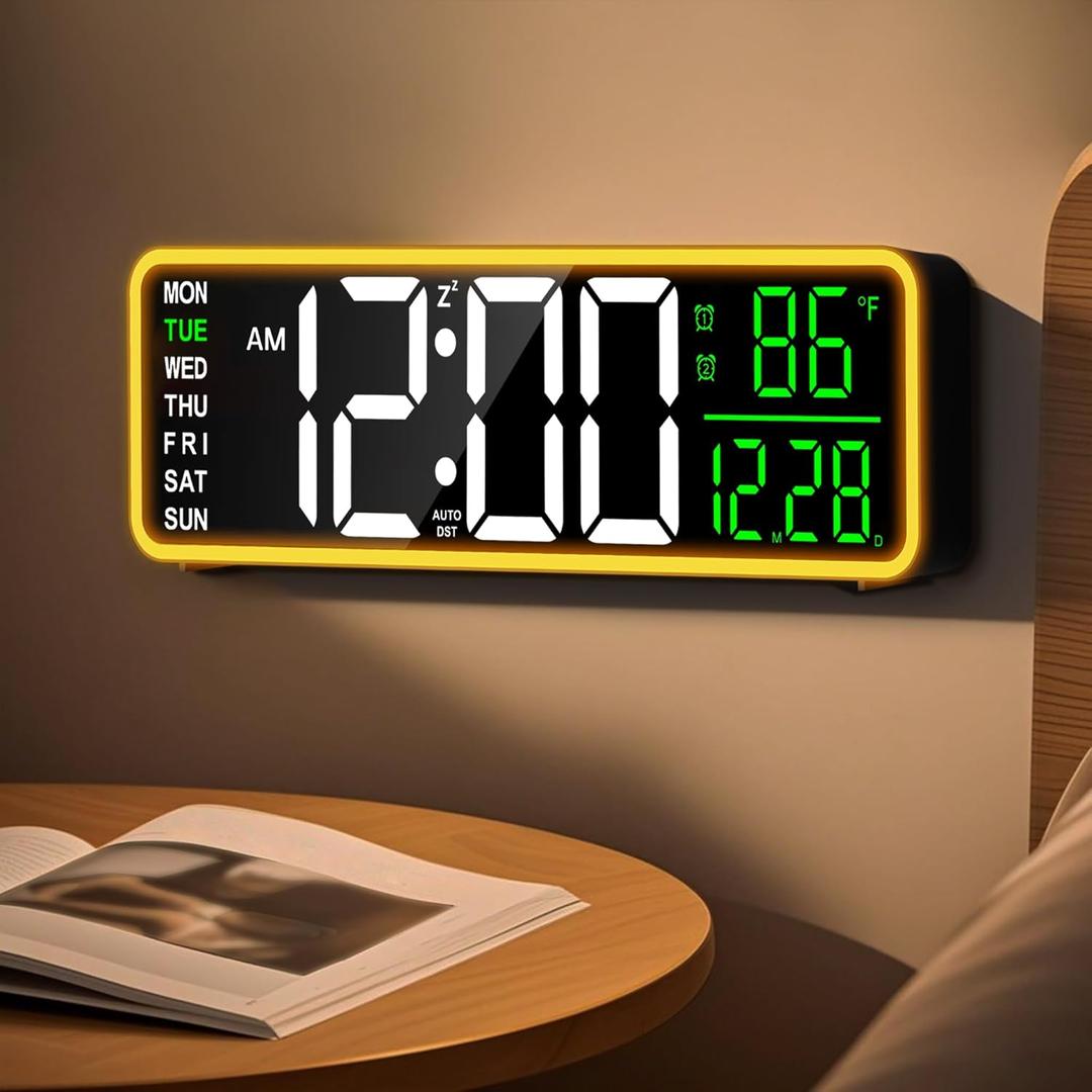 9 Inch Digital Alarm Clock Wall Clock with Night Light, Dual Alarm, Snooze & Dimming Brightness, Temperature, 12/24H, DST, Timer, Plug-in Powered with Battery Backup (Black)