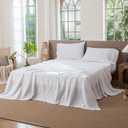 MooMee Flat Top Sheet Only 100% Washed Cotton Linen Like Textured Breathable Durable Soft Comfy (Bright White, Queen)