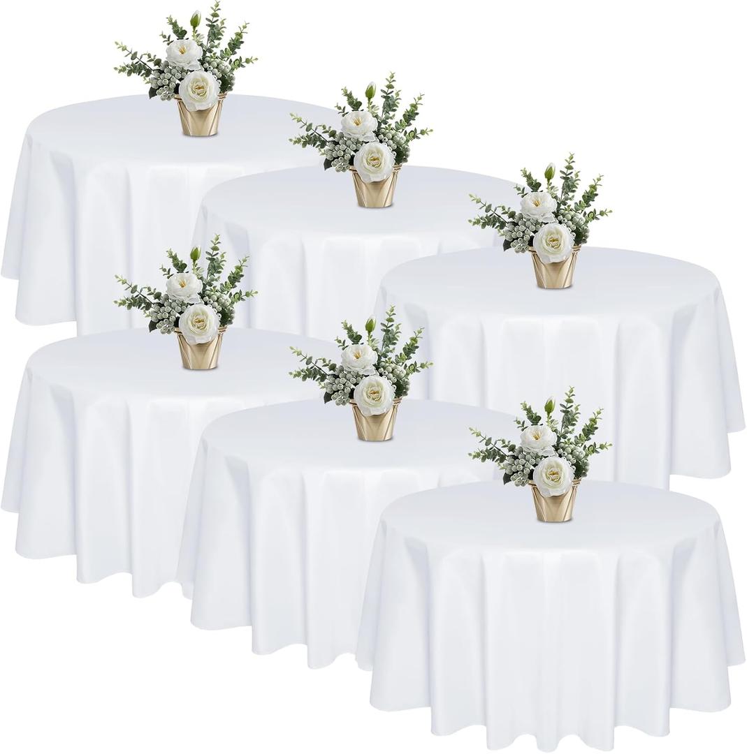 6 Pack 120 In Round White Tablecloths - Reusable Polyester Table Covers  Protect from Spills (Not Waterproof)  for Weddings, Banquets, Parties  Ships Folded, Wrinkles Likely, Steam Before Use