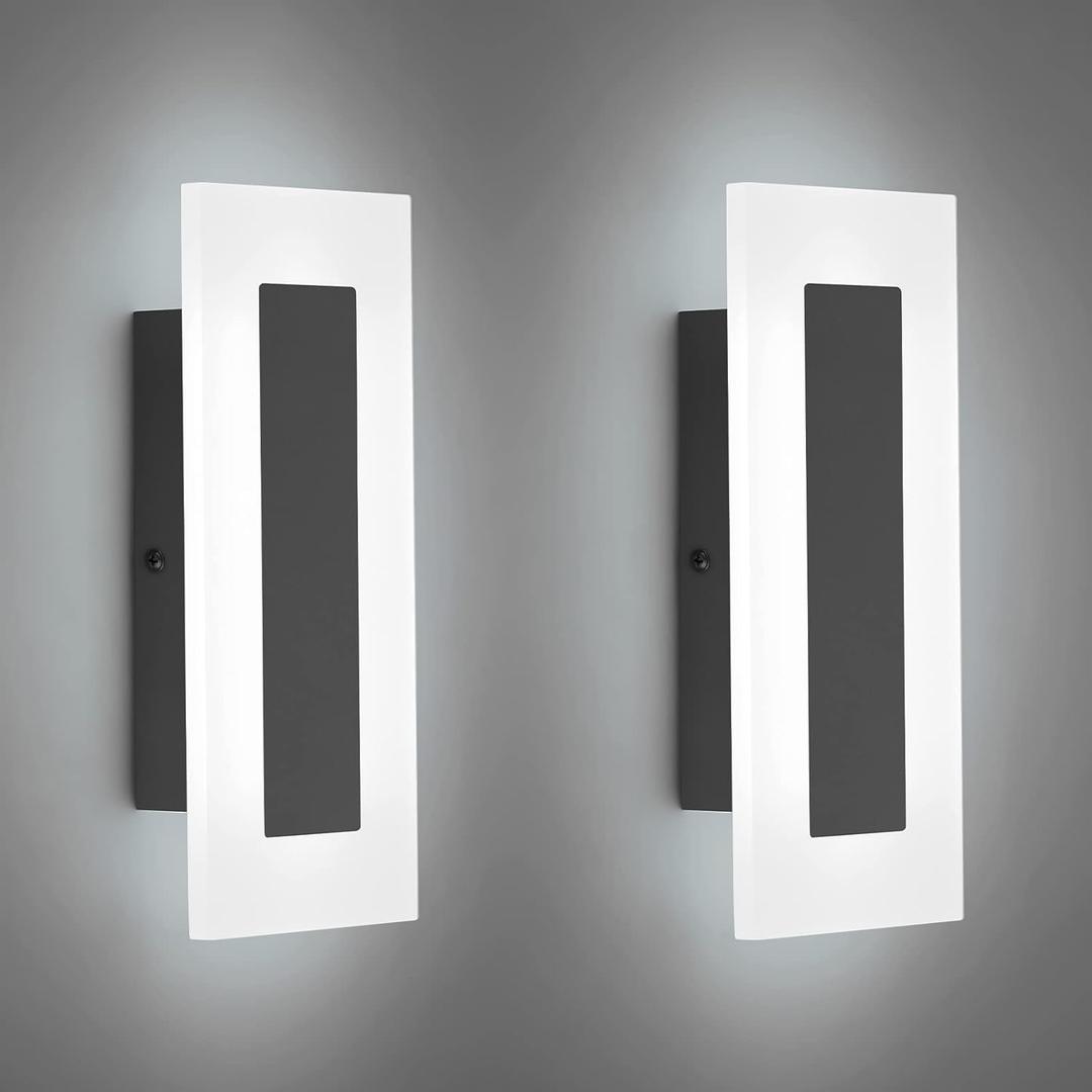 LMQNINE Modern LED Acrylic Black Wall Sconce White Light 6000K for Bedroom Corridor Stairs Bathroom Indoor Lighting Fixture Lamps Home Room Decor, Black, Not Dimmable-White Light-2Pack 