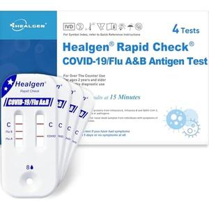 Healgen Rapid Check COVID-19, Flu A&B Antigen Test Kit, The First FDA Authorized OTC 3-in-1 Flu & COVID Home Test, Easy to Read Dual Windows, Results in 15 Mins, 18-Month Shelf Life, 4 Test, Expiration Date  2026-03-31