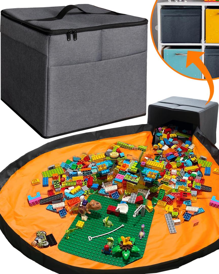 XL Toy Storage Organizer with Play Mat - Storage Bag/Box for Kids, Boys, Girls, Nursery, Playroom - Basket for Building Bricks/Blocks - Collapsible Fabric Cube Bin, 13"x13"x15"