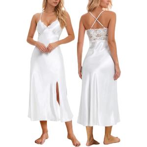 ALCEA ROSEA Women Silk Satin Nightgown Sexy Lace Chemise Lingerie Long Sleepdress for Ladies Sleepwear Slip Negligee (White, Small)