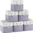Large 11x11 Inch Cube Storage Bins with Cotton Handles for Closet, Shelves, Clothes, Towel (White/Purple-6 Pack)