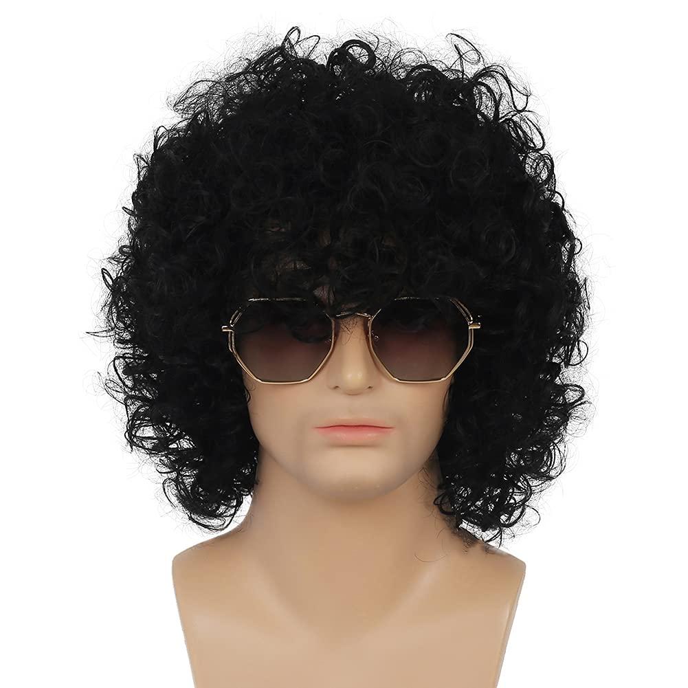 Kaneles Curly Afro 70s 80s Costume Wigs for Black Men Short Natural Fluffy Kinky Hair Cospaly Party Wigs, (Black)