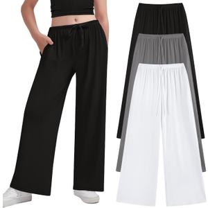EXARUS 3 Pack Girl's Loose Straight Leg Baggy Cute Sweatpants with Drawstring Elastic Waist Wide Leg Casual Back to School for Teen 12Y Black/ Grey/ White