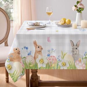 Softalker Spring Easter Tablecloth Rectangle - Bunny & Eggs Buffalo Plaid Flower Table Cloths, Stain Resistant Wrinkle Free Table Covers for Dinner/Party/Picnic/Outdoor, Grey Checkered 60 x 102 Inch
