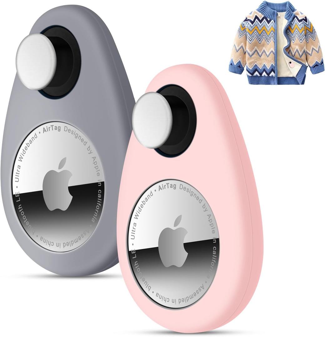 2 Pack Airtag Holder for Kids Hidden,GPS Tracker Case, Anti-Removal Airtag Silicone Case with Pins, Suitable for Children, Elderly, Pets, Backpack, Luggage (Pink & Gray, 2 Pack)