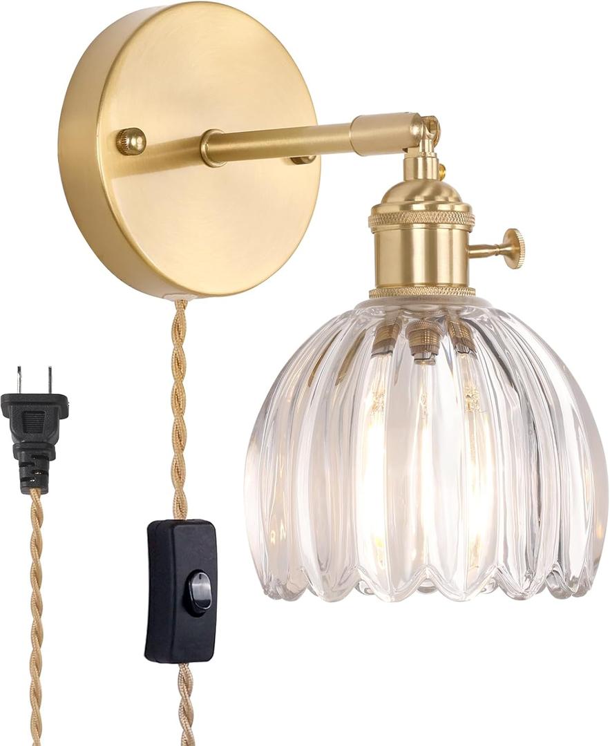Shenmoyl Plug in Wall Sconce, Transparent Tulip Glass Lampshade Wall Light Plugin Corded for Bedside Bedroom Doorway