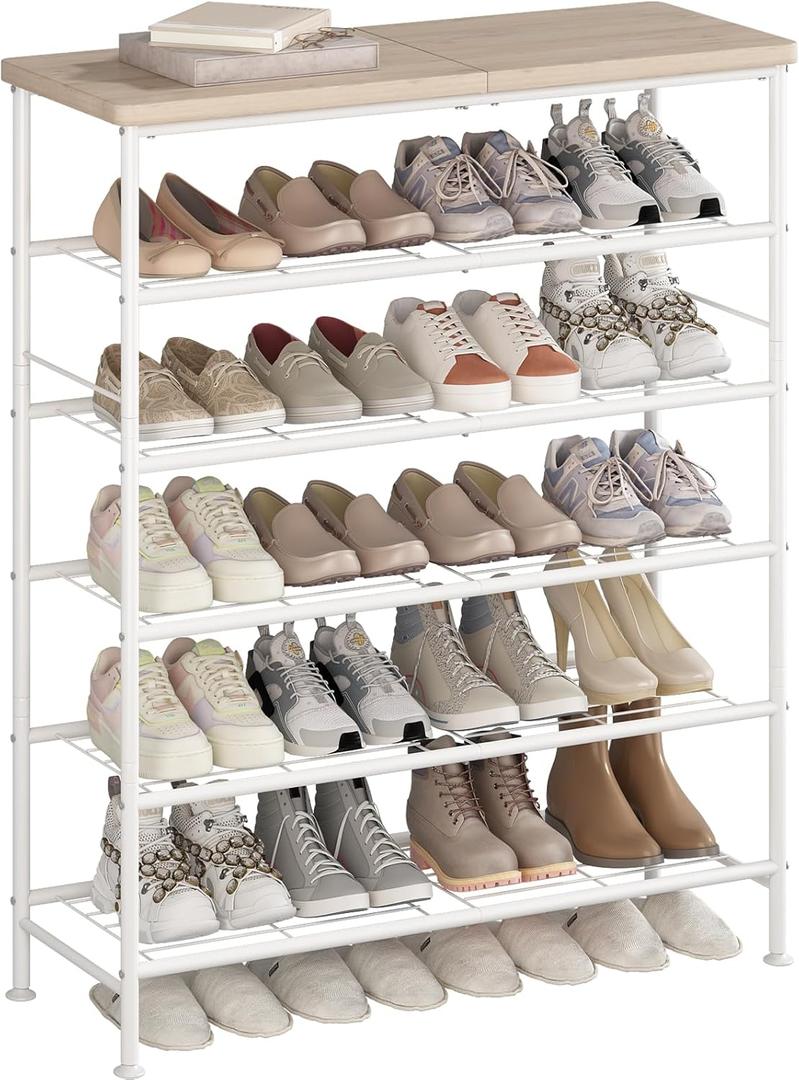 Shoe Rack Organizer 6 Tier for Closet Entryway Free Standing Metal Storage Shoe Shelf with MDF Top BoardWhite+Oak