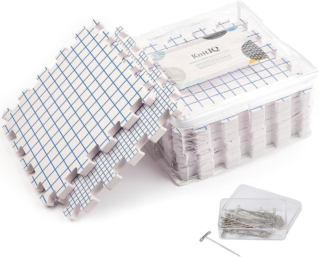 KnitIQ Double-Sided Blocking Mats for Knitting and Crochet Projects - Extra Thick Blocking Boards for Crochet with Gridlines - Inches and Centimeters - 100 T Pins and Storage Bag - Pack of 9