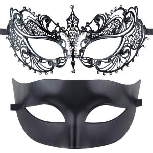 Couple Masquerade Mask Women Men Mardi Gras Halloween Ball Mask (Black+Black3)